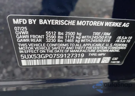 2025 BMW X3 30 xDrive from USA, damaged, VIN 5UX53GP07S9127319